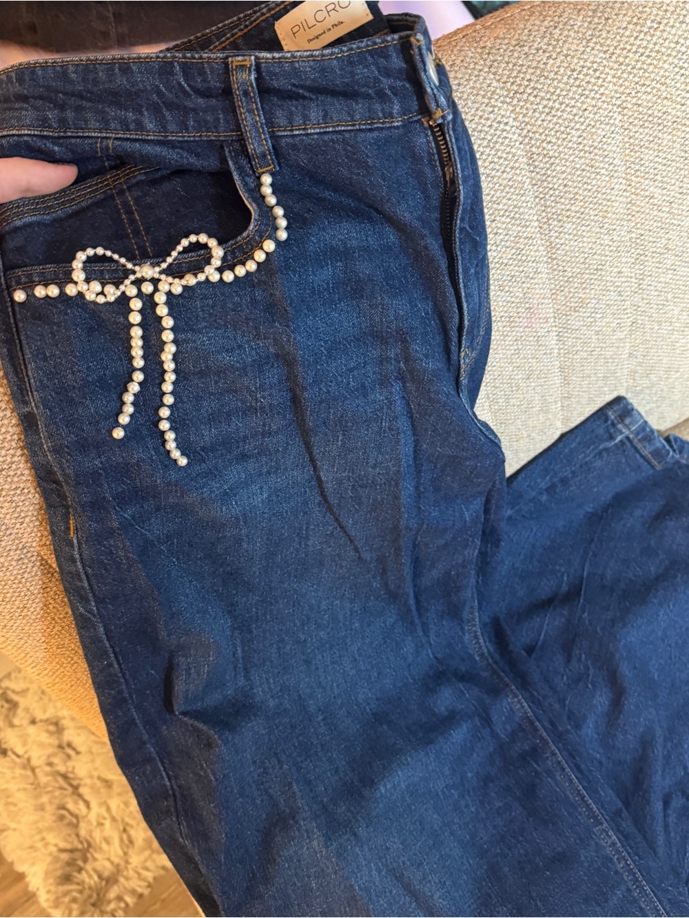 Anthropologie Pearl-Embellished Low-Rise Wide-Leg Jeans by Pilcro in Blue - Picture 5 of 5